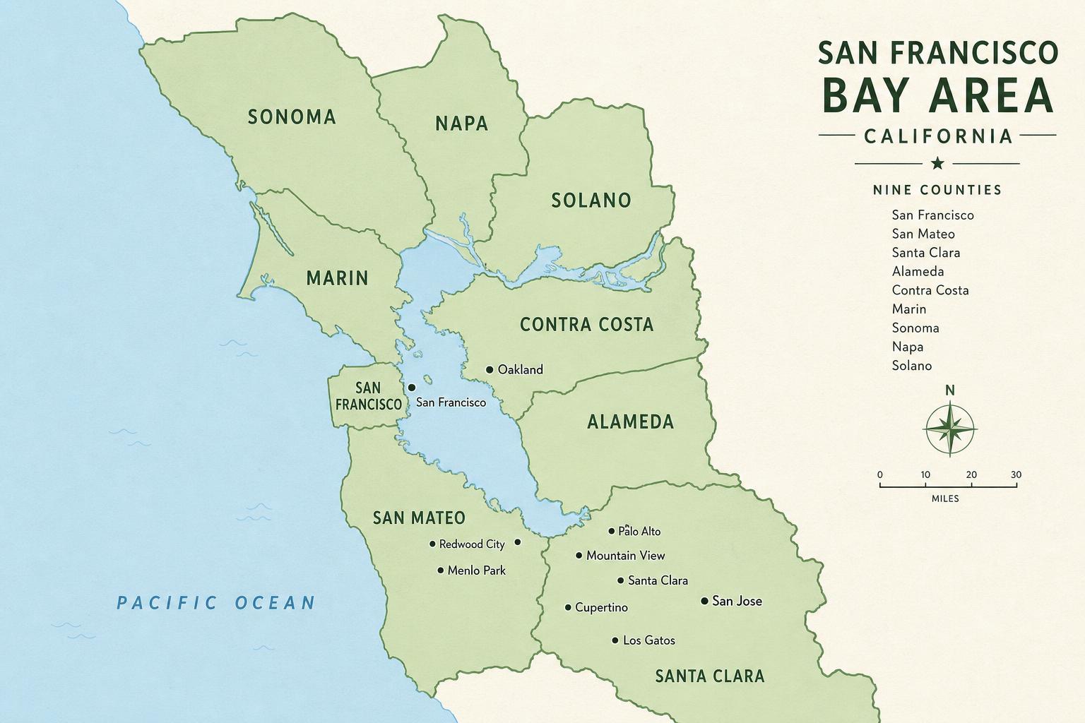 Map of the nine California Bay Area counties we service